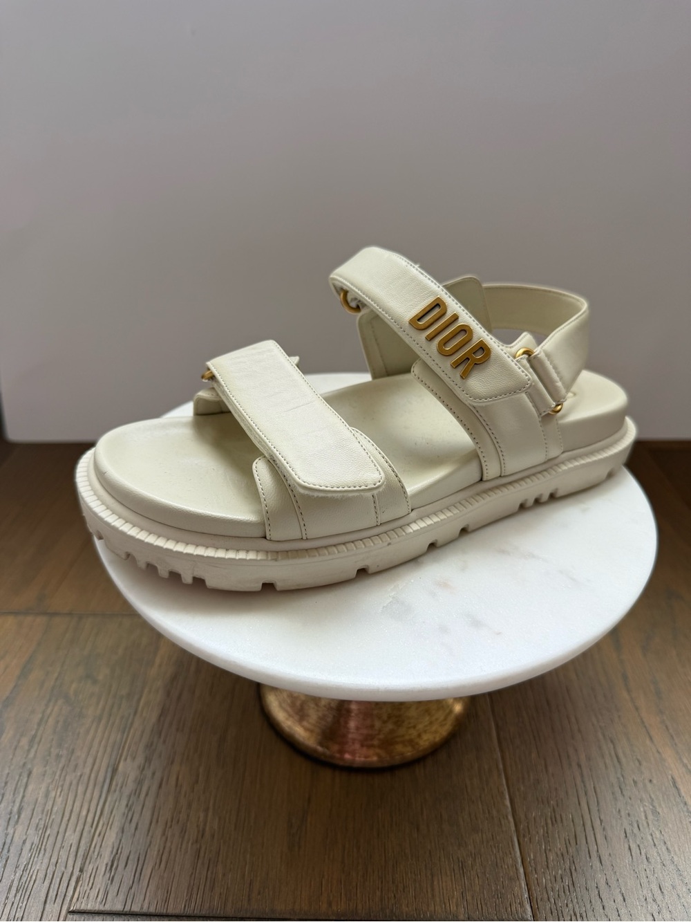 Christian Dior Dioract White Leather Gold Logo Platform Sandals